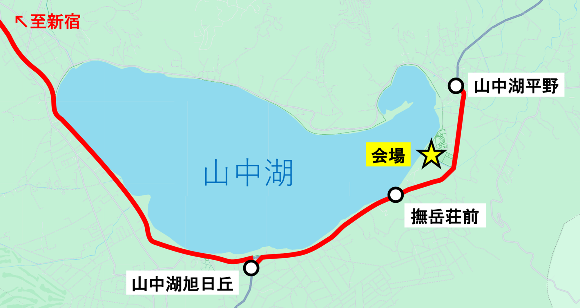 新宿⇔山中湖平野・旭日丘のバス路線図